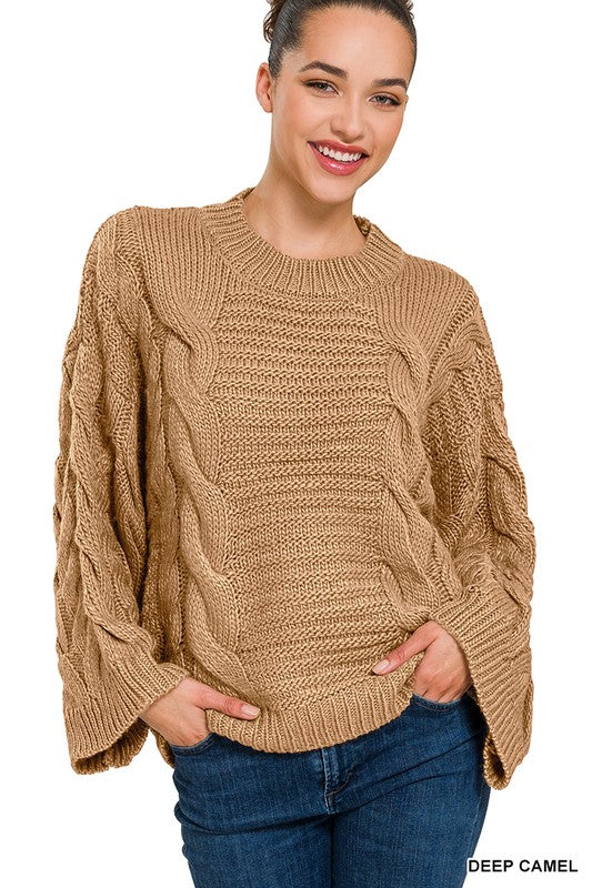 OVERSIZED BELL SLEEVE CABLE KNIT SWEATER