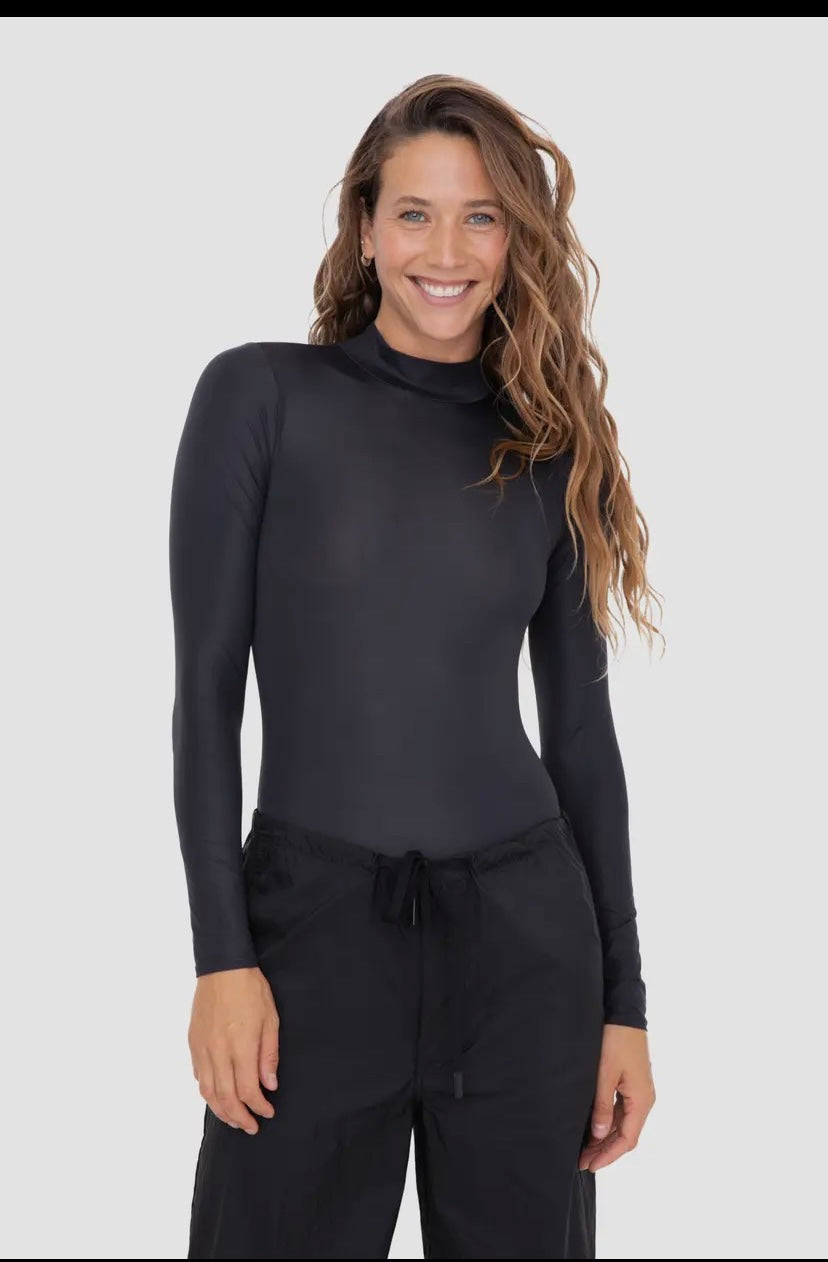 metallic mock neck long sleeve body suit