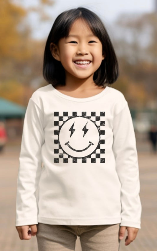 Kids Retro Checkered Lightning Smiley Long Sleeve