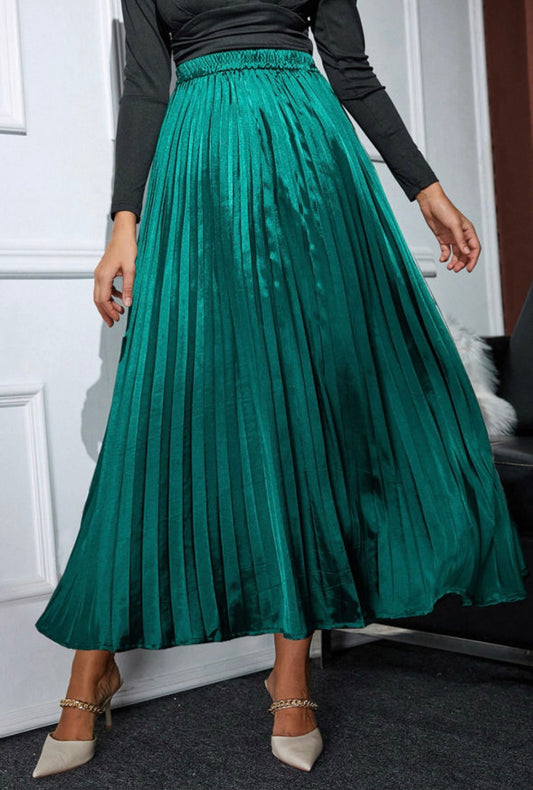 Green Satin Elastic Waist Pleated Maxi Skirt