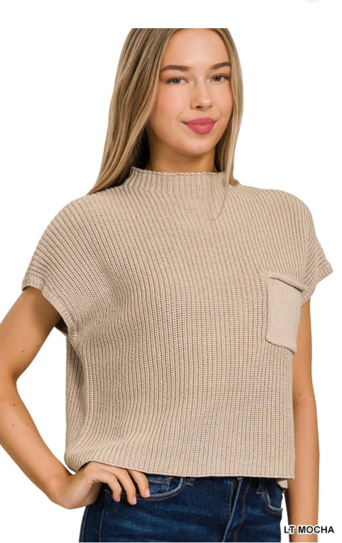 mock neck, short sleeve, cropped sweater