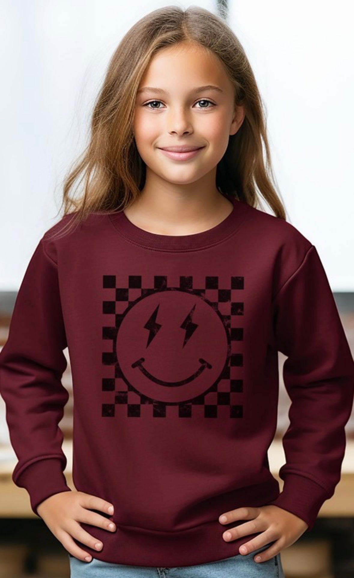 Kids Retro Checkered Lightning Smiley Long Sleeve