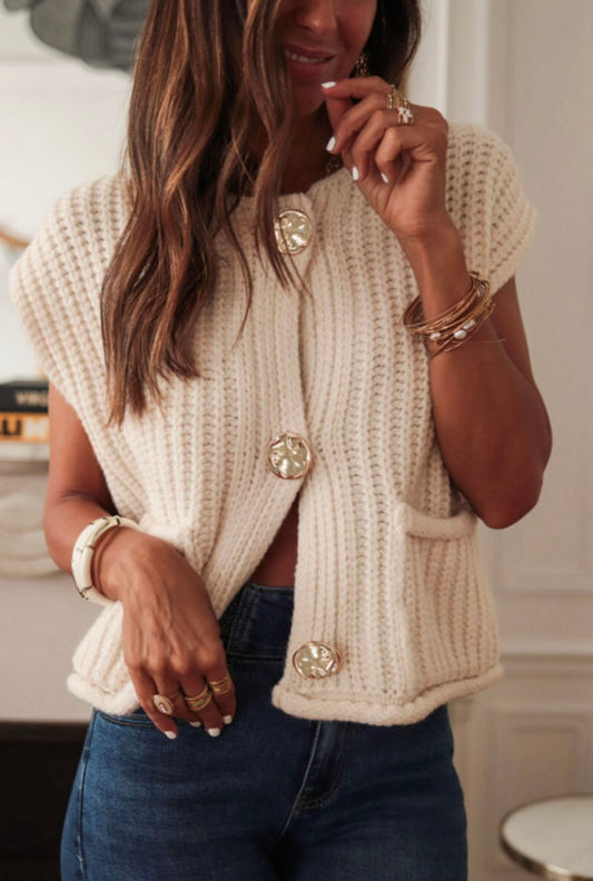 White Solid Textured Knit 
Buttoned Sweater Vest