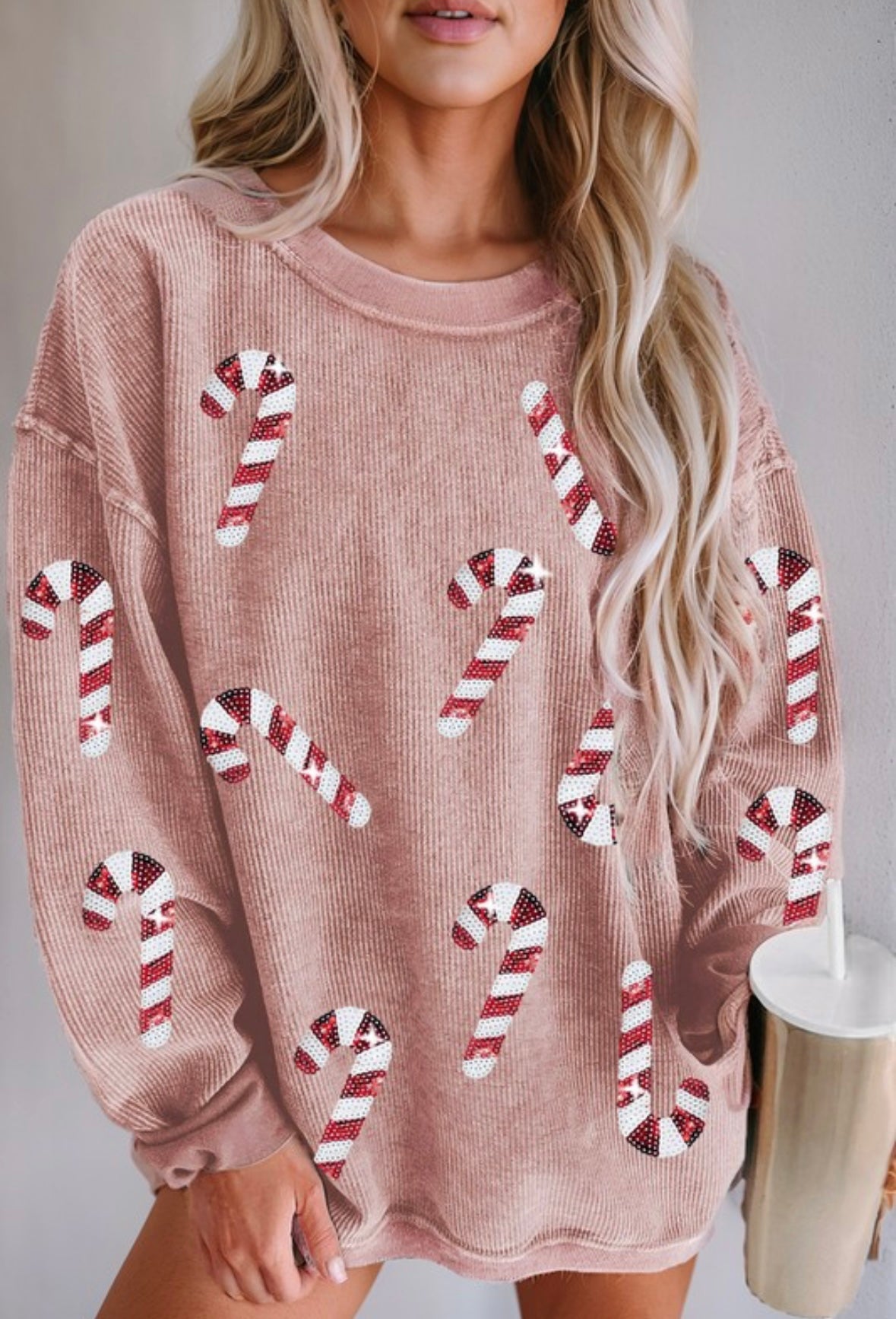 Xmas Candy Cane Shining Graphic Corded Sweatshirt