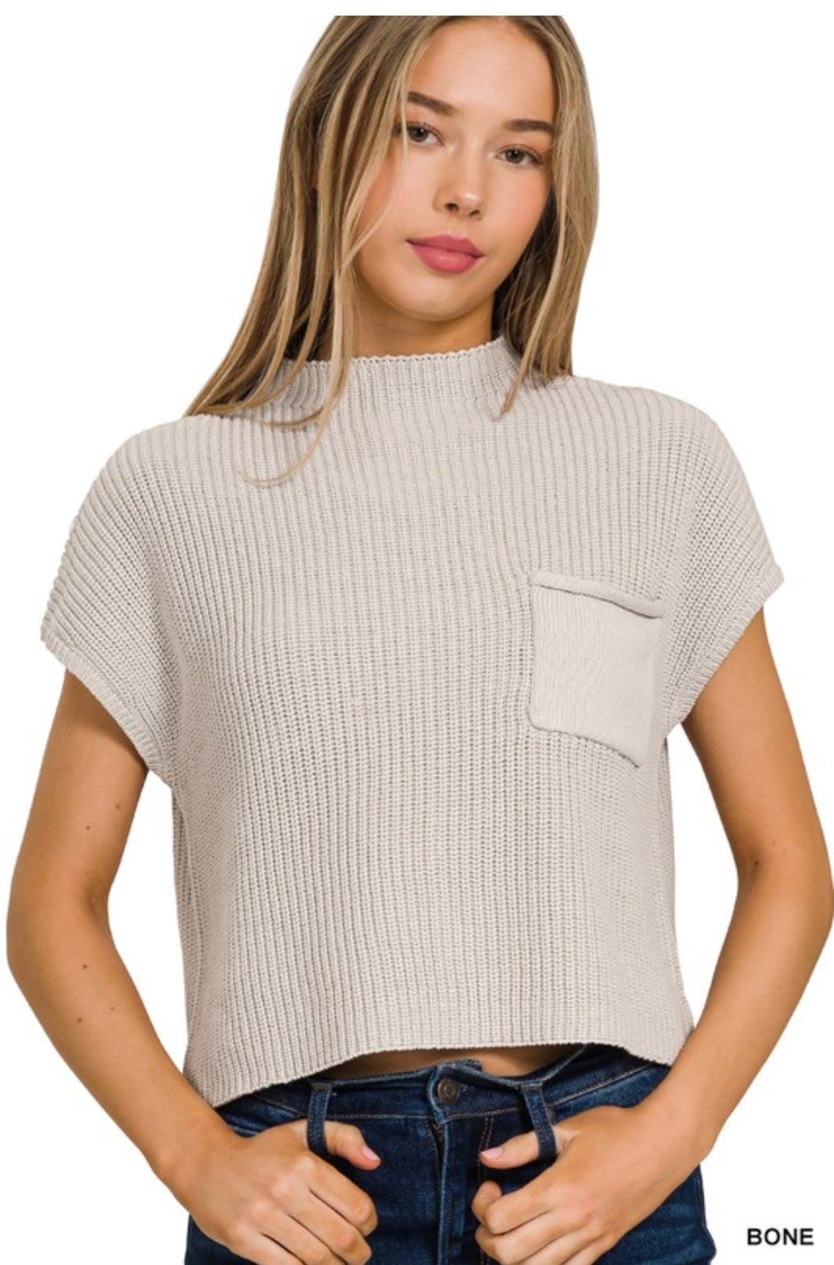 mock neck, short sleeve, cropped sweater