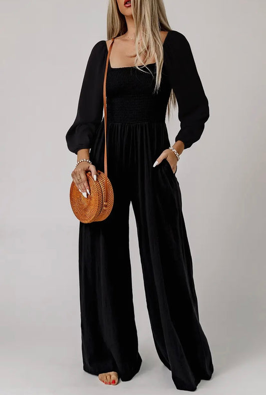 Black Smocked SquareNeck Long Sleeve Wide Leg Jumpsuit